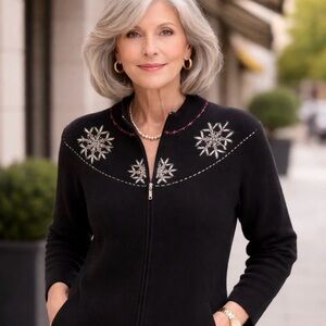 Woolrich Wool Embroidered Floral Full Zip Up Cardigan Sweater Jacket Womens XS